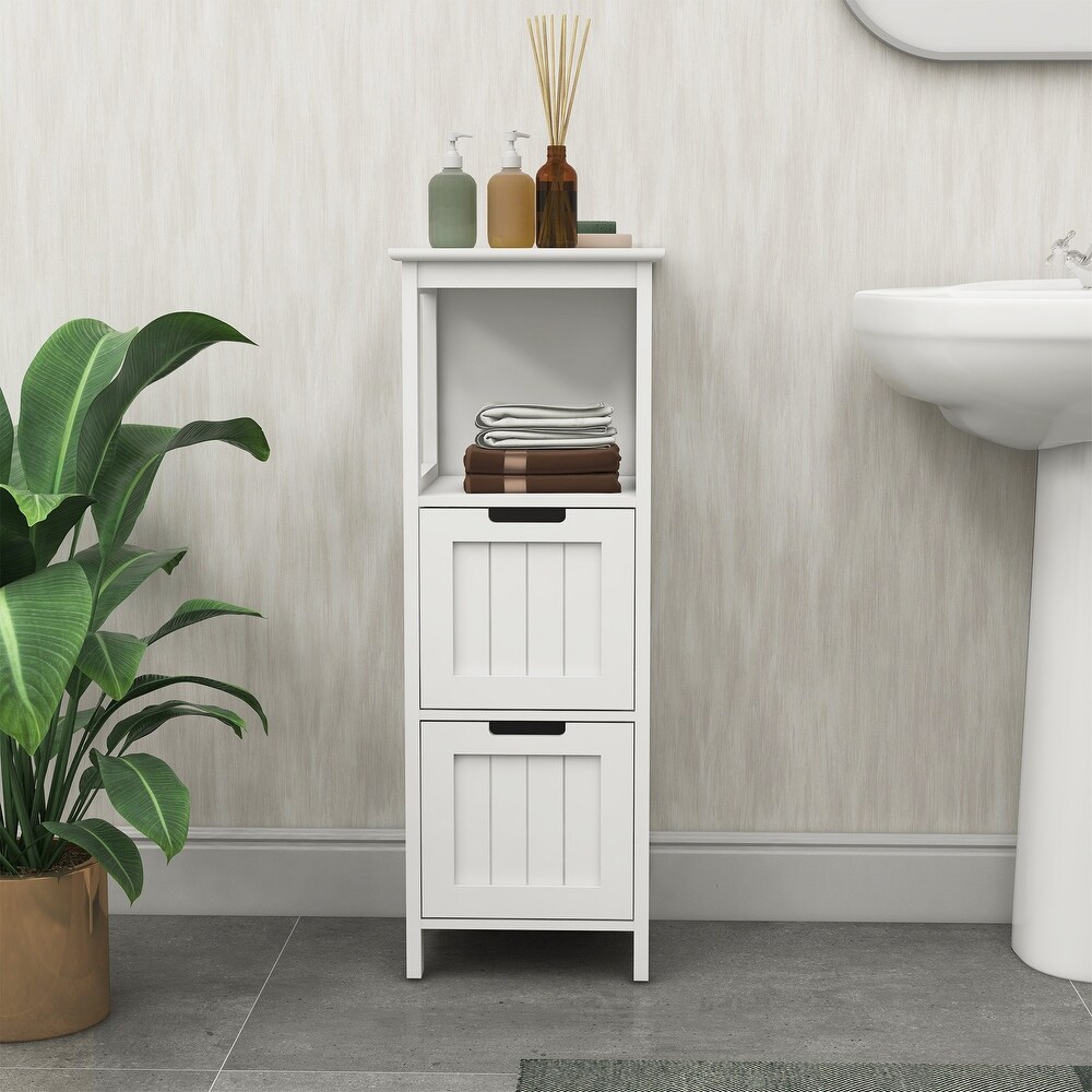 Bathroom Floor Cabinet with 2 Drawers and 1 Storage Shelf Freestanding Wood Storage Organizer Cabinet White