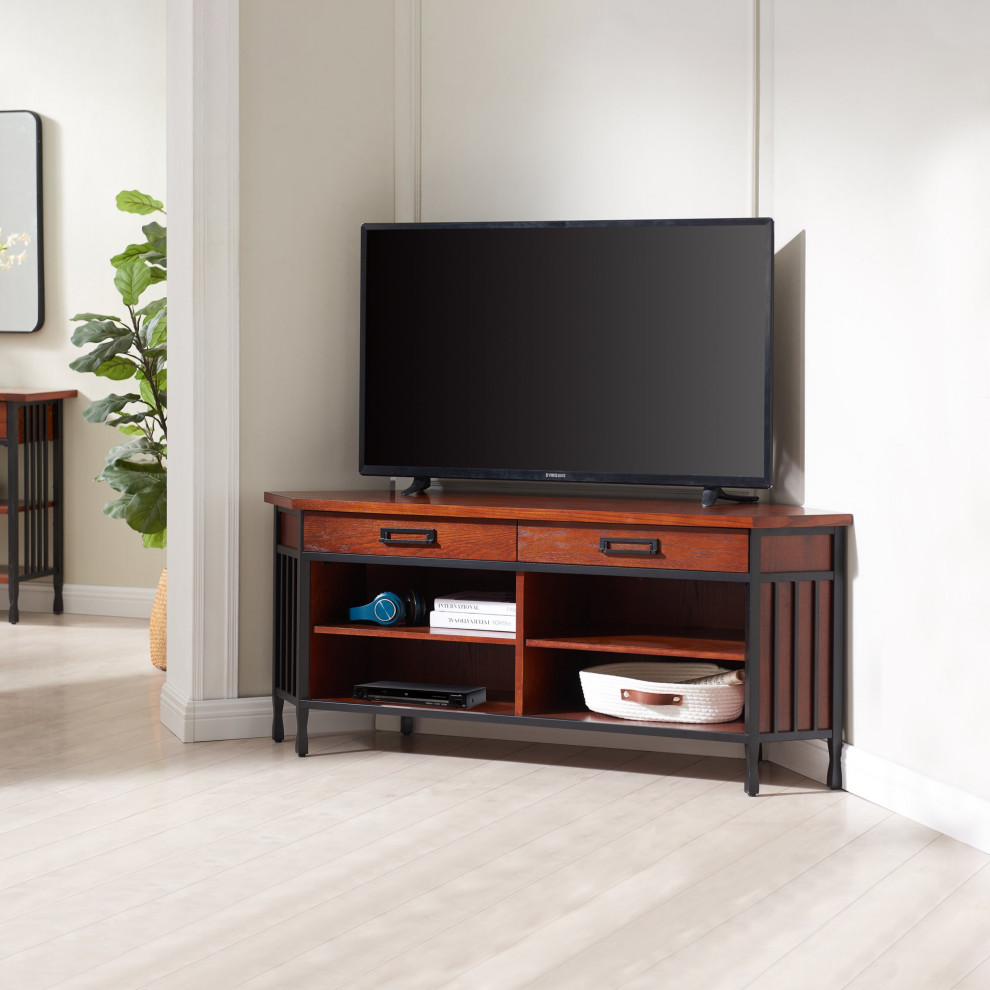 TV Stand  Corner Design With Metal Frame and Adjustable Shelves  Mission Oak   Traditional   Entertainment Centers And Tv Stands   by Declusia  Houzz