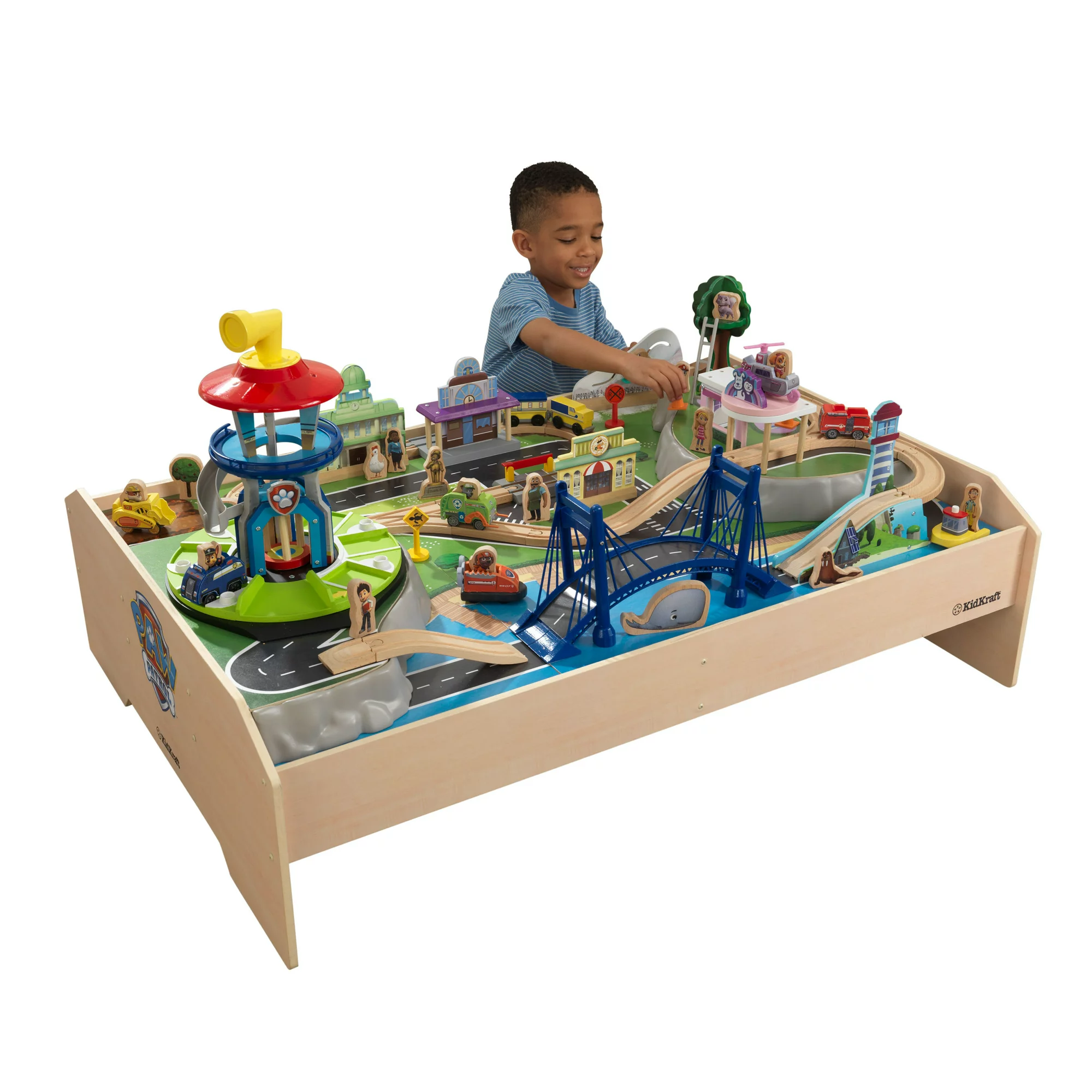 KidKraft PAW Patrol Adventure Bay Wooden Play Table with Rotating Lookout Tower， 73 Pieces