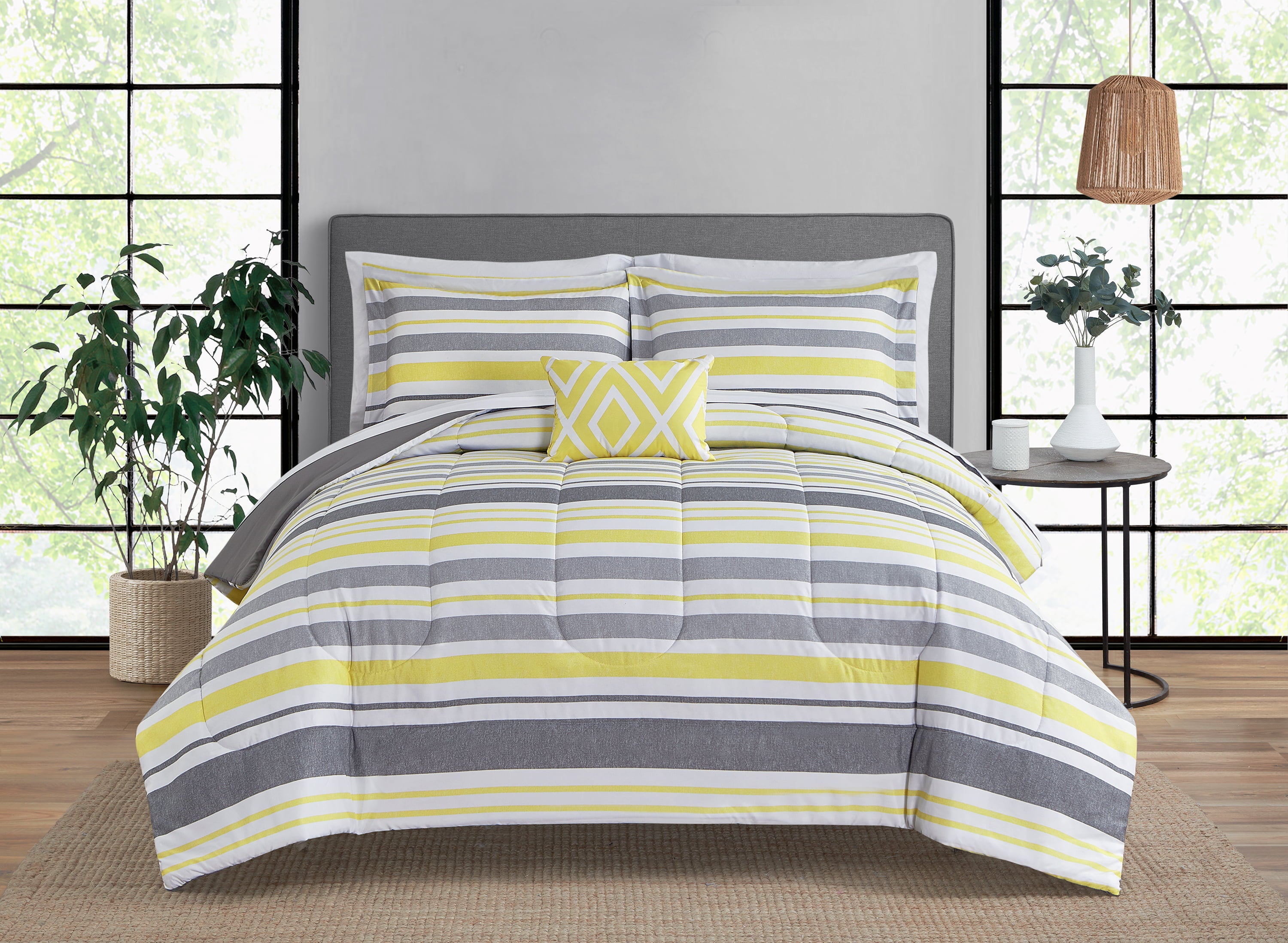 Mainstays Grey and Yellow Stripe 8 Piece Bed in a Bag Comforter Set with Sheets， Queen