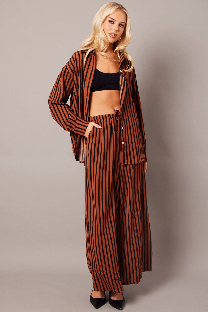 Brown Stripe Wide Leg Pants High Rise