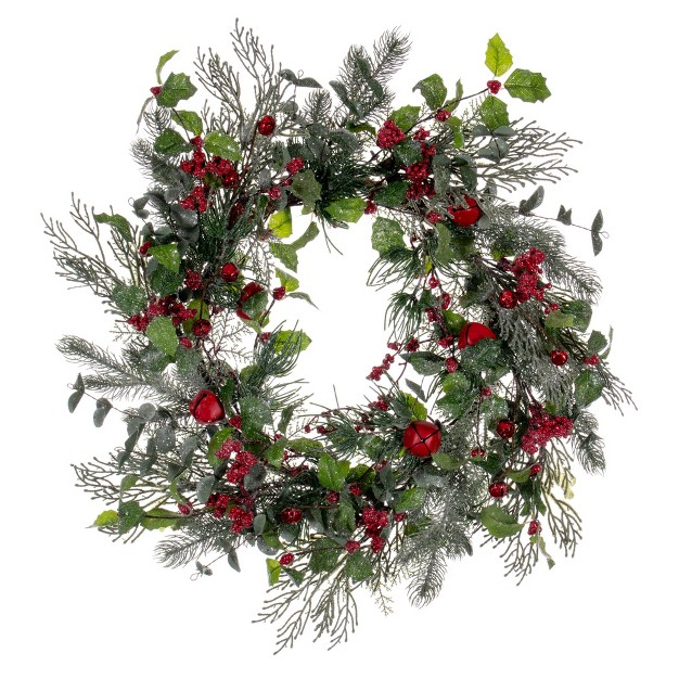 Green Artificial Holly Pine And Red Jingle Bell Wreath