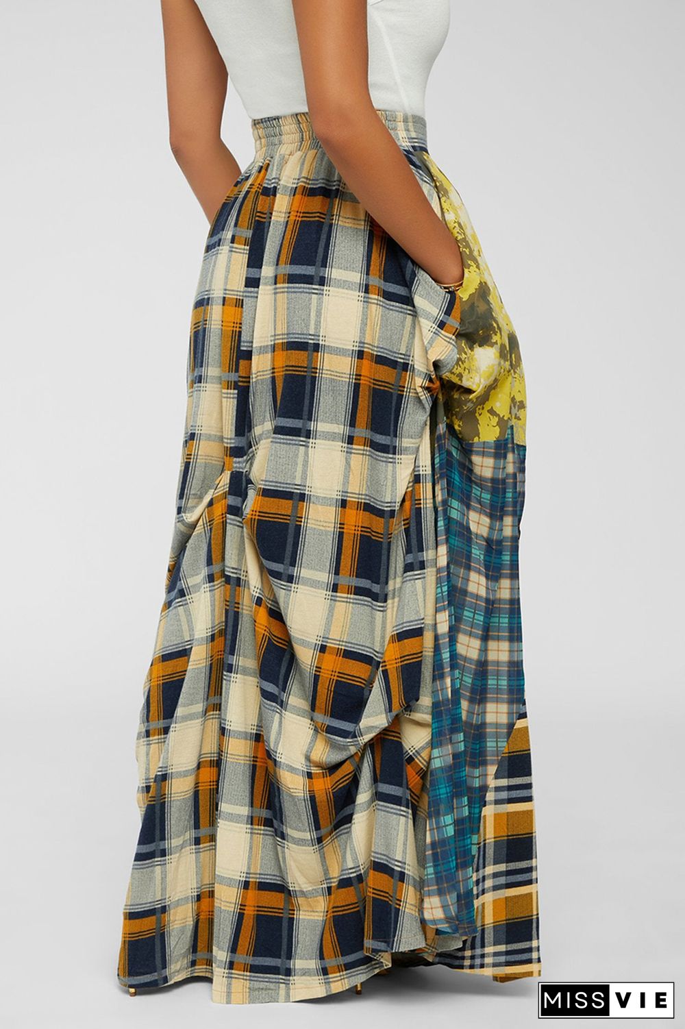 Plaid Patchwork Ruched Pocket Casual Maxi Skirt [Pre Order]