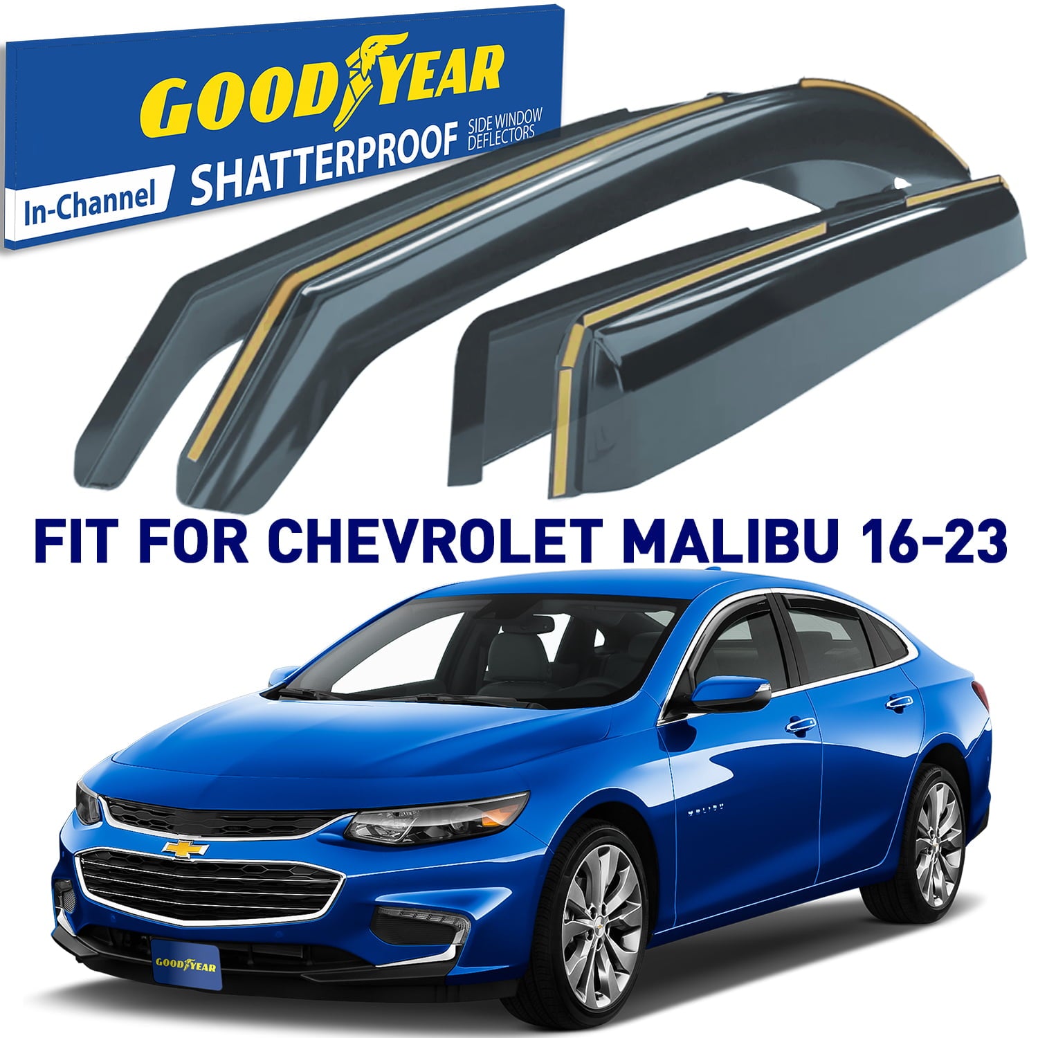 Goodyear Shatterproof in-Channel Window Deflectors for Chevrolet (Chevy) Malibu 2016-2023， Rain Guards， Window Visors for Cars， Vent Deflector， Car Accessories， 4 pcs - GY003478