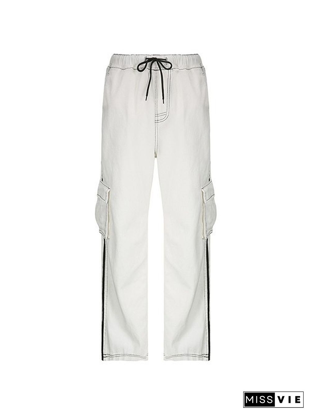 Side Striped White Baggy Cargo Jeans