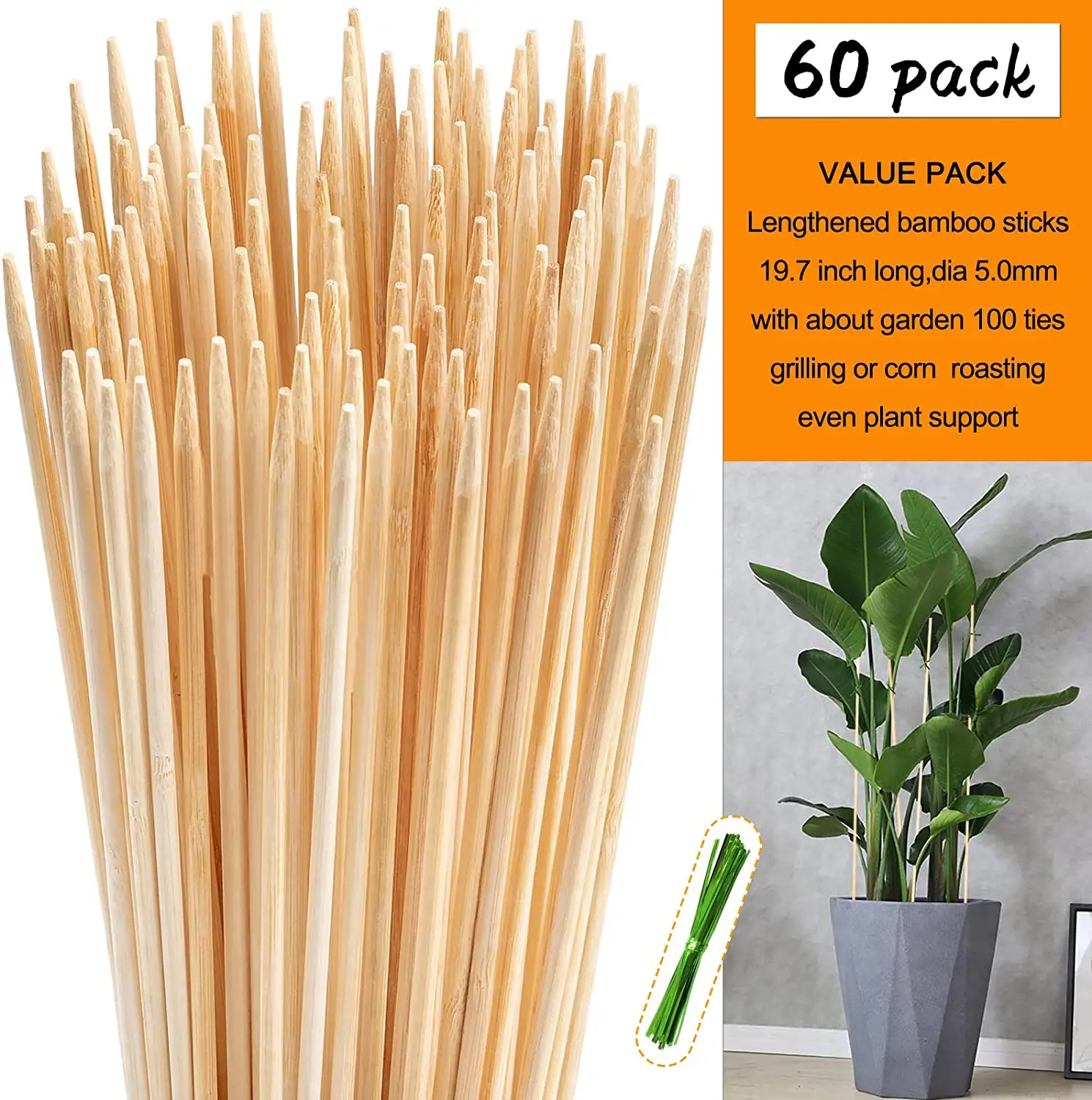 Plant Stakes Garden Stakes Floral Picks Long Bamboo Plant Support for Indoor/Outdoor Plants with Garden Ties Sign Posting Garden