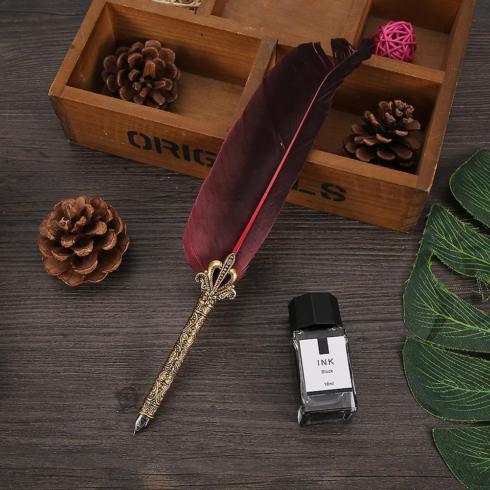 Vintage Retro Feather Dip Pen Stainless Steel Nibs Calligraphy Writing Ink Pen Gift(wine Red)