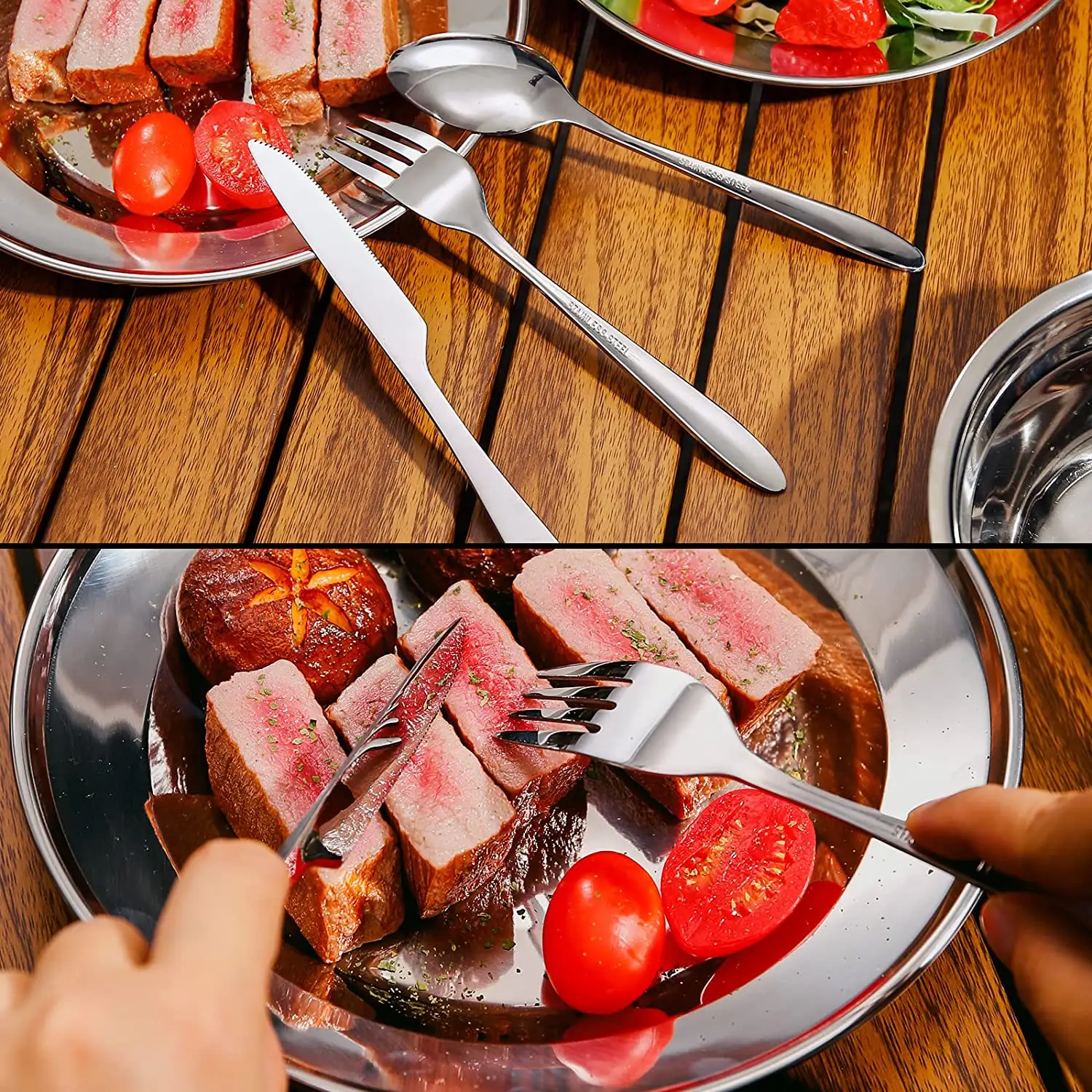 Factory Price Outdoor Picnic Camping Hiking Tableware Stainless Steel Bowls Plates Cups Cutlery Flatware Set