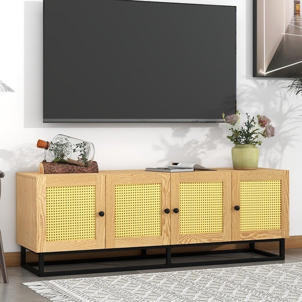 Wooden TV Stand for TVs up to 65inches with 4 Textured Rattan Doors and 2 Adjustable Panels