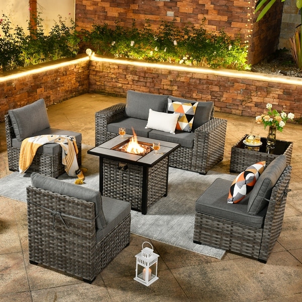 OVIOS Patio Wicker Furniture Wide Arm 7piece Fire Pit Set with Table