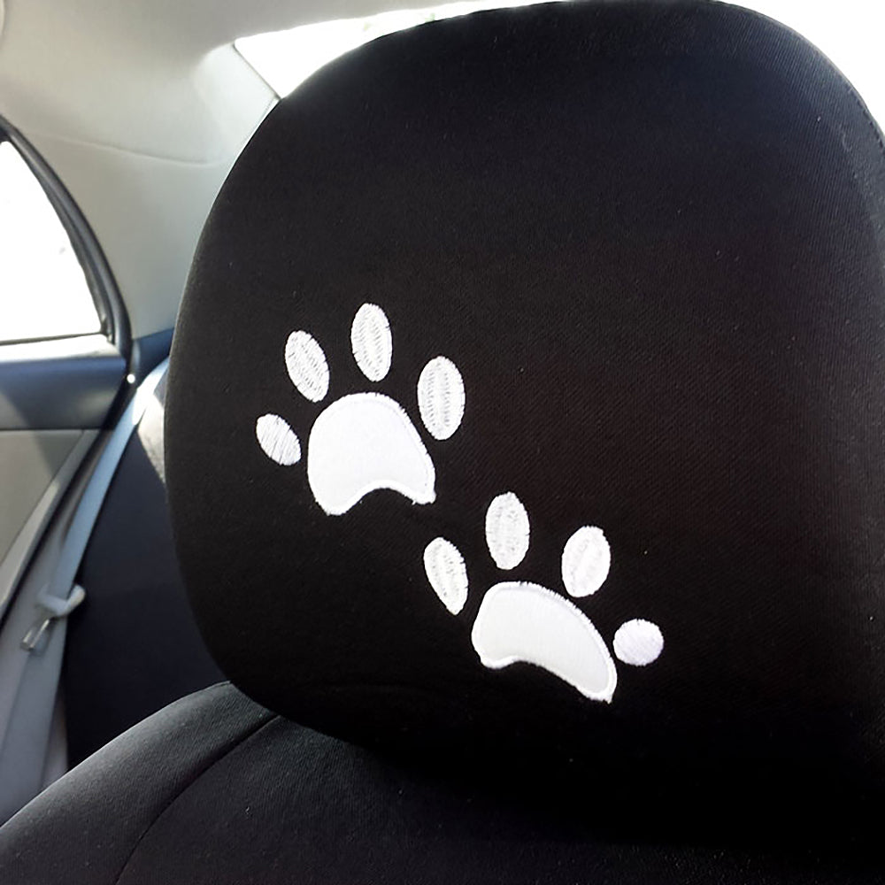 New Black Polyester Auto Car Truck SUV Seat Headrest Cover with White Paw Logo Universal Fit - One Piece