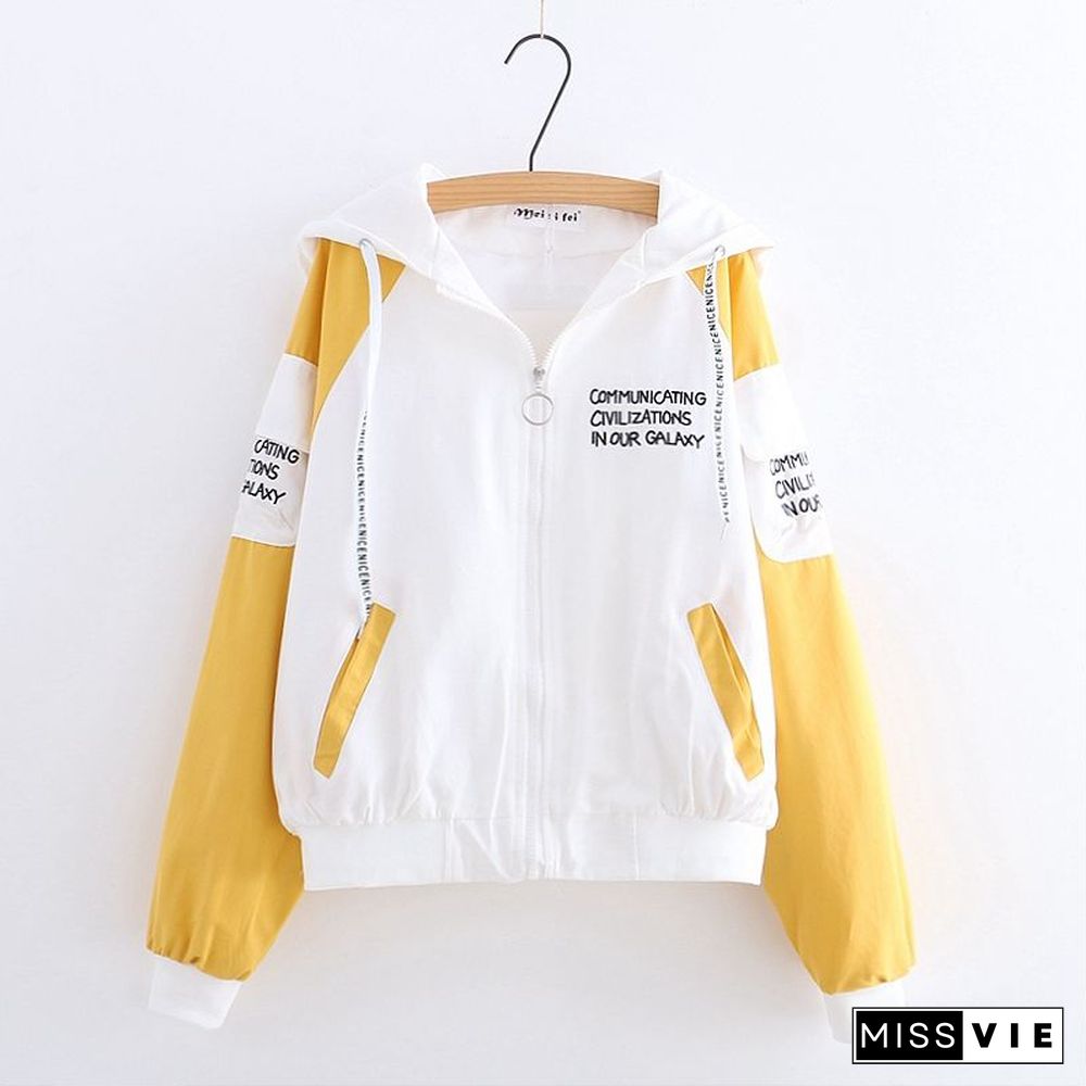 Autumn Jacket Hooded Women Causal Loose Lady Windbreaker Basic Coats Letter Outwears Lightweight Korean Fashion Overwear