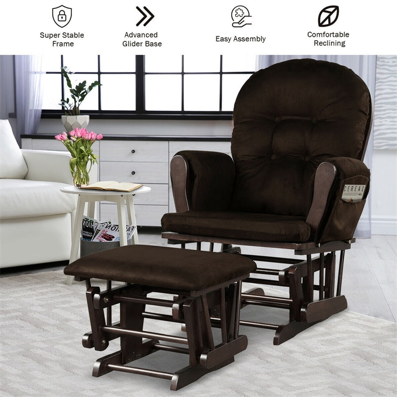 Wood Baby Glider Rocking Chair Nursery Chair with Gliding Ottoman & Storage Pocket