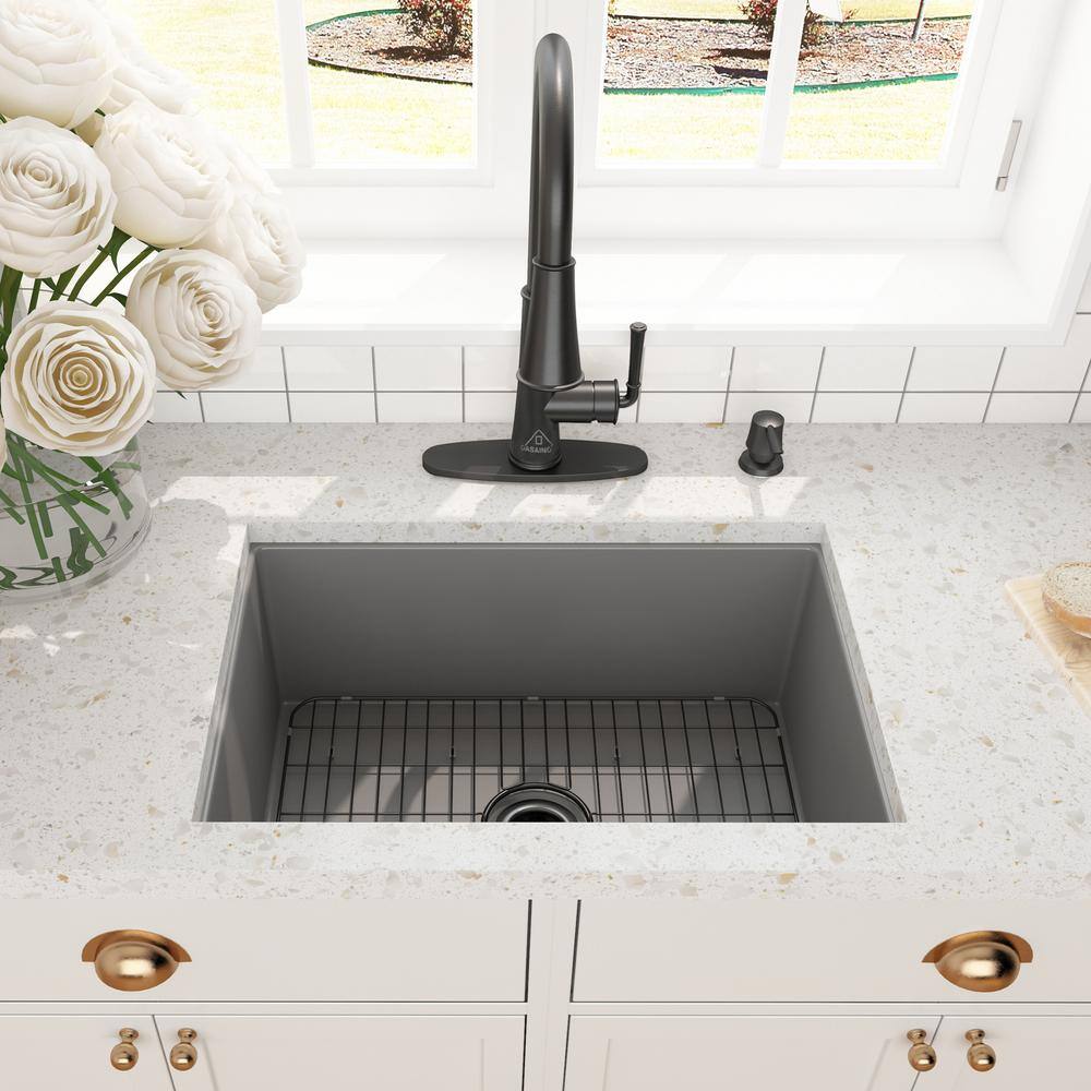 CASAINC All-in-one Matte Gray Fireclay 27 in. Single Bowl Undermount Kitchen Sink with Infrared Sensor Faucet and Accessories KCSL0016-UG27MB