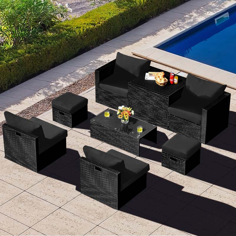 8 Pcs Rattan Wicker Outdoor Patio Furniture Sectional Sofa Set with Storage Box & Waterproof Cover