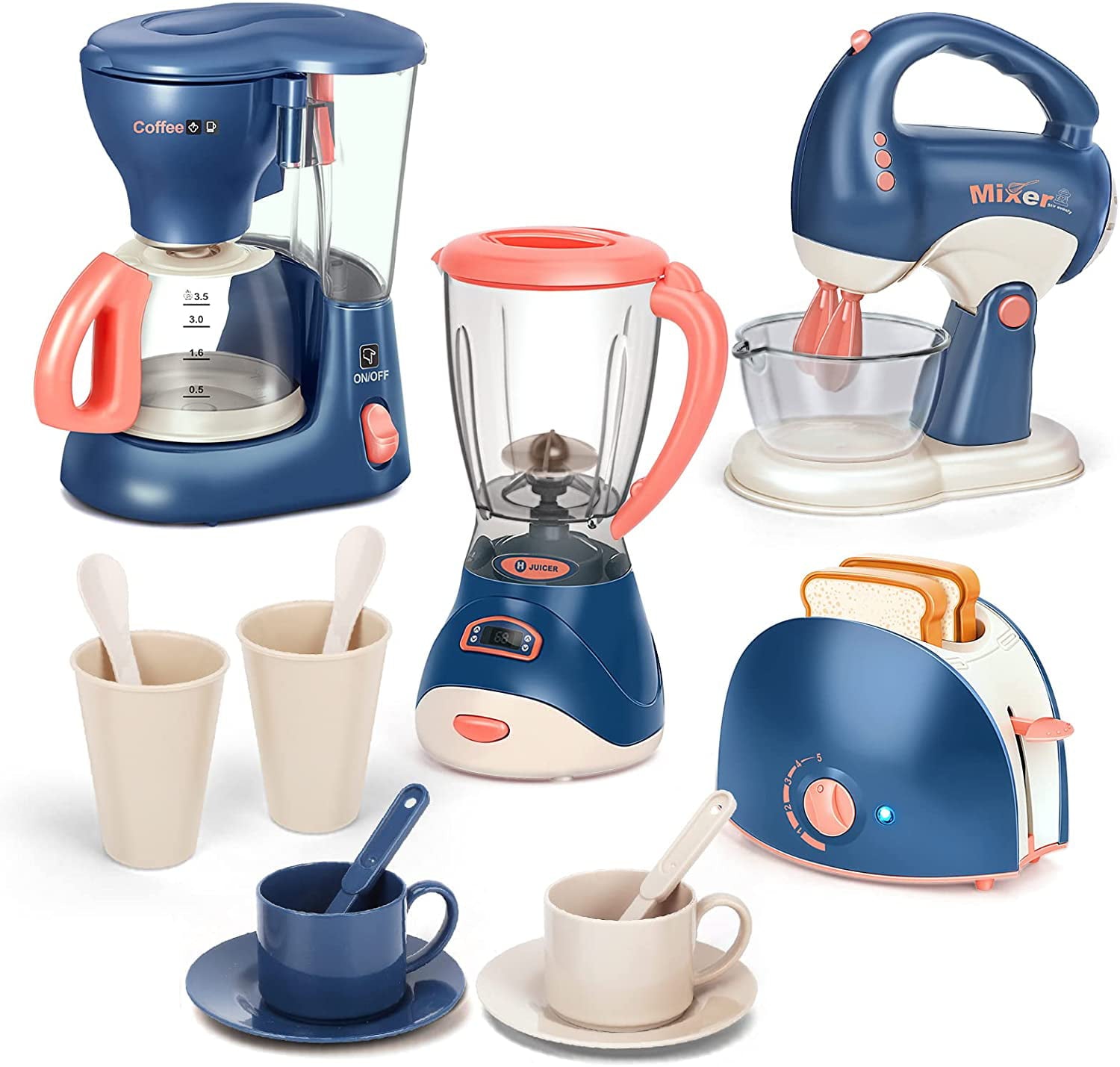 LISM Kitchen Appliances Toy，Kids Kitchen Pretend Play Set with Coffee Maker Machine，Toaster， Blender and Mixer with Realistic Light and Sounds， Play Kitchen Set for Kids Ages 4-8