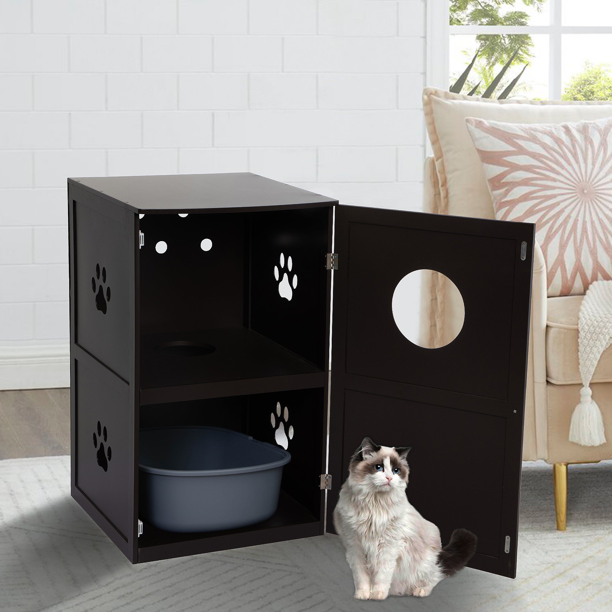 Coziwow 2-Story Cat Litter Box Enclosure Furniture Cat House Large Box Table， Brown