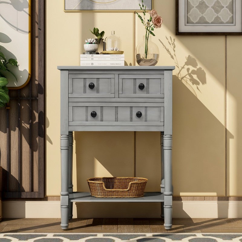 Narrow Console Table with Three Storage Drawers and Bottom Shelf