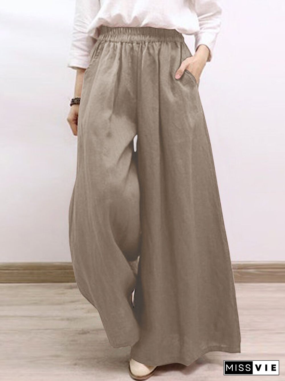 Solid Pocket Elastic Waist Wide Leg Casual Pants