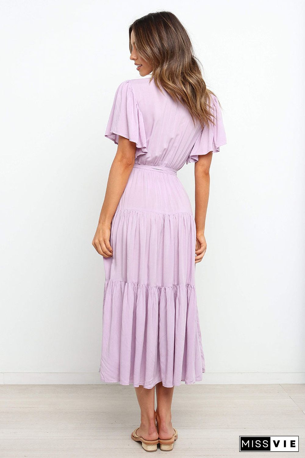 V Neck Tie Waist Short Sleeve Maxi Dress