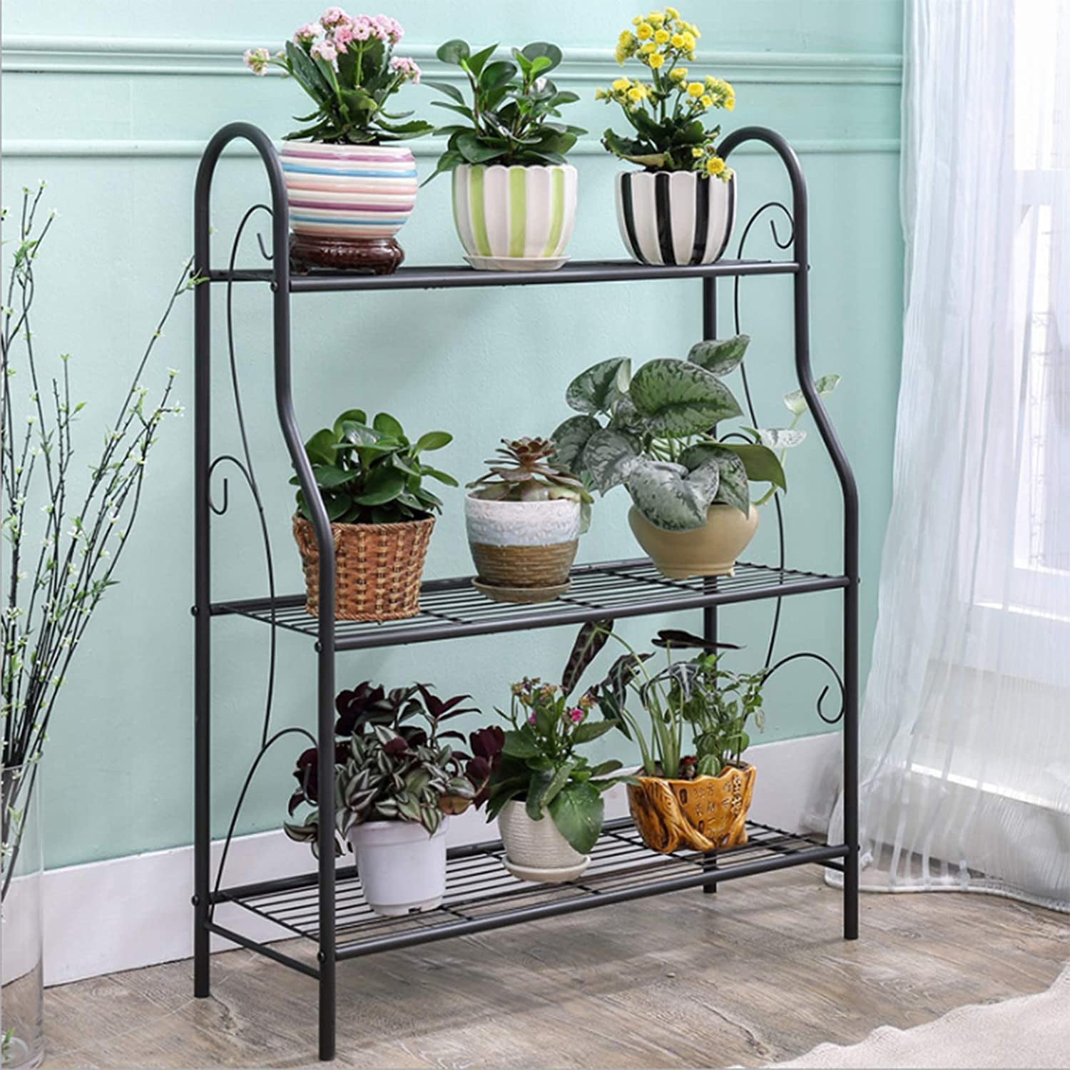 Oukaning 3 Tier Multifunctional Home Storage Organizer Shelf Metal Shelves Flower Pot Display Storage Rack (Black)