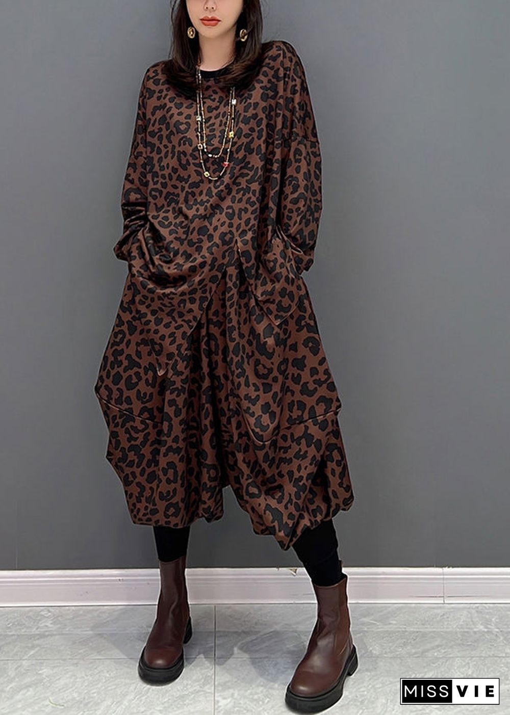 Boho Brown O-Neck Asymmetrical Print Top And Harem Pants Two Piece Set Fall