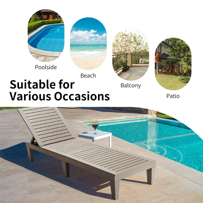 Outdoor Chaise Lounge Chair Patio Recliner, Adjustable with 5 Positions, Wood Texture Design, Waterproof, Easy to Assemble