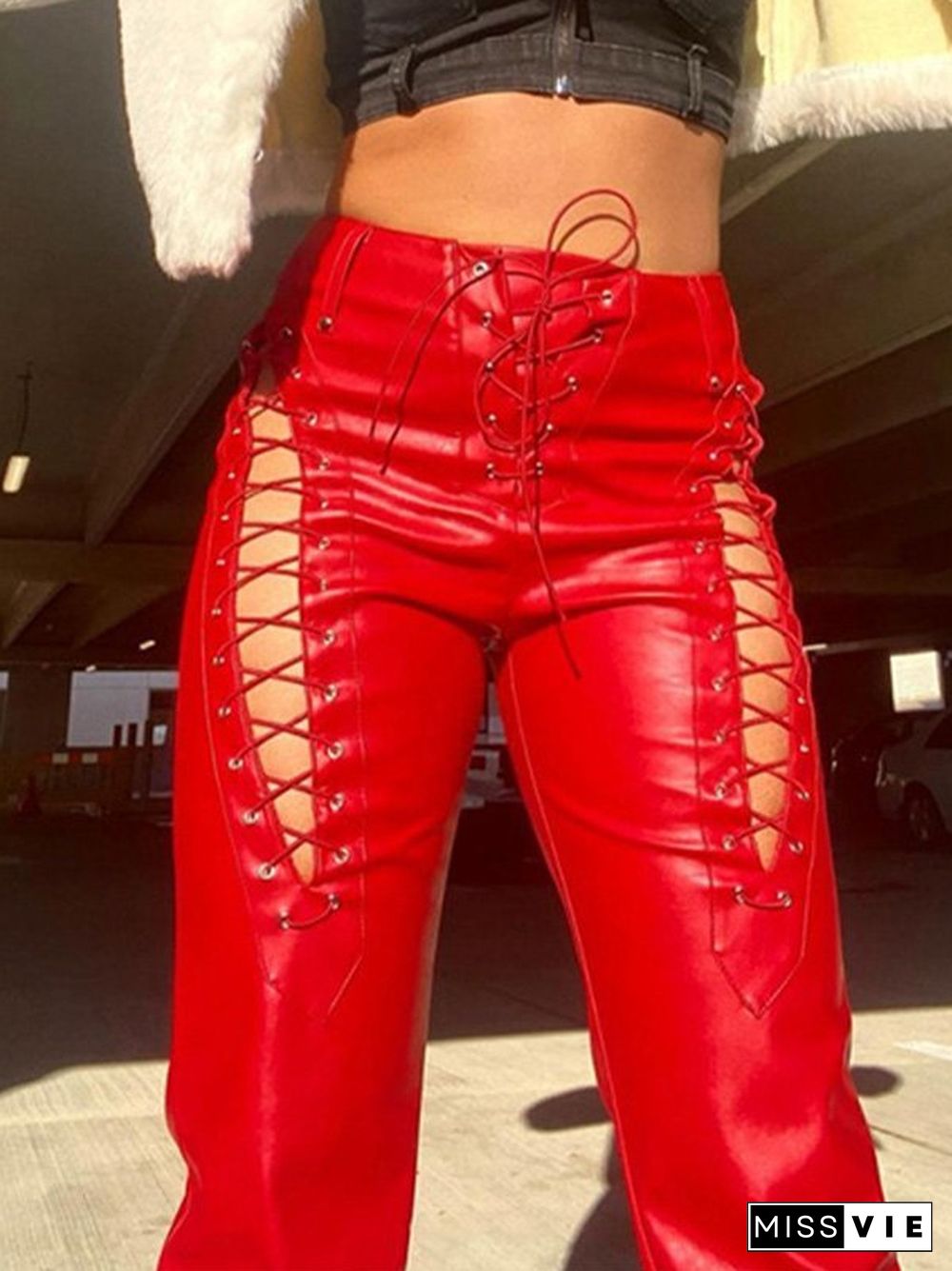 Cutout Lace Up Pu Leather Pants