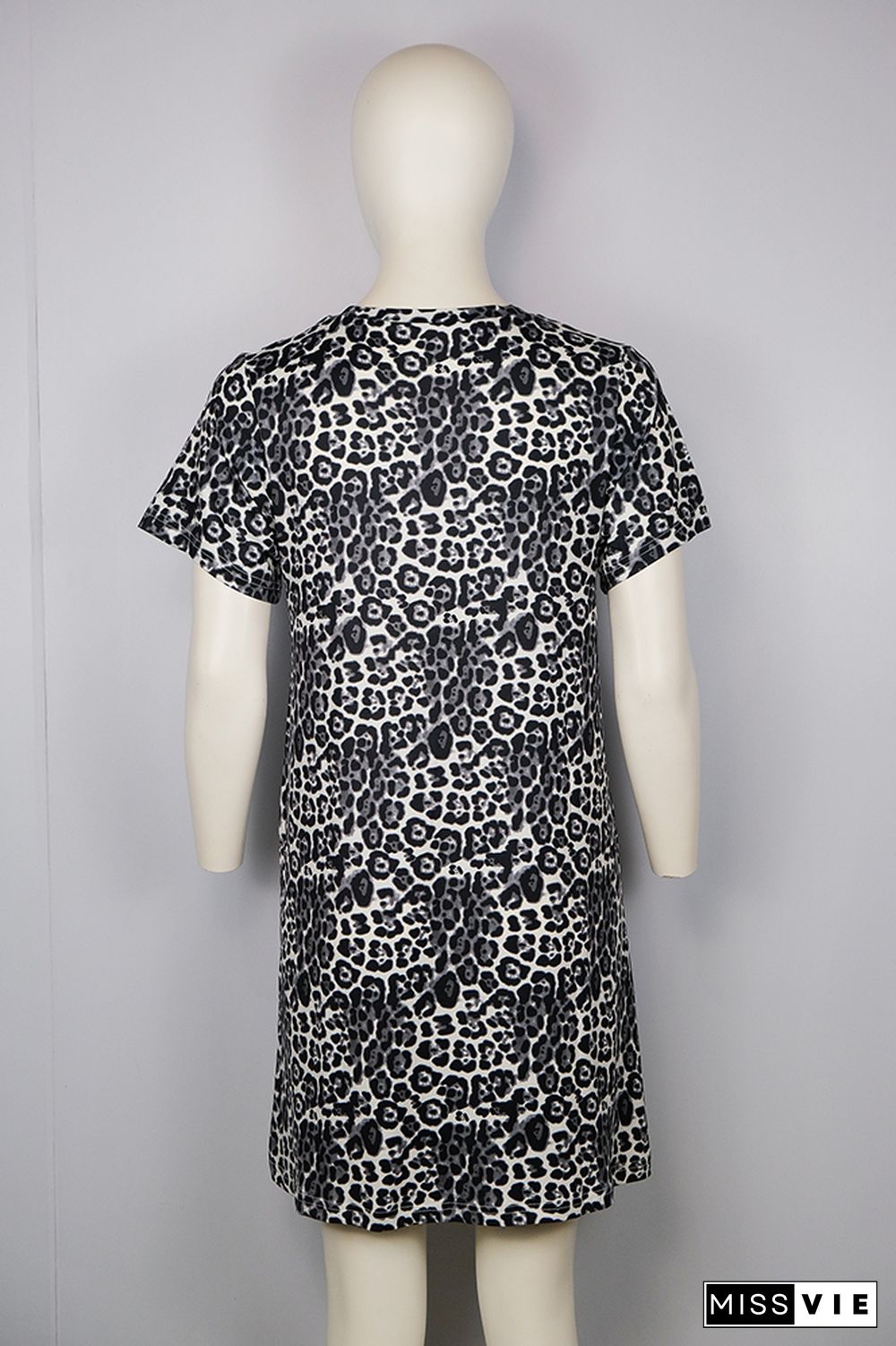 Black Leopard Printed O-Neck Short Sleeve Dress