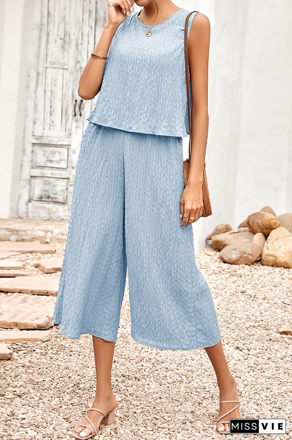 Frilled Texture Sleeveless Tank with Wide Leg Pants Jumpsuit