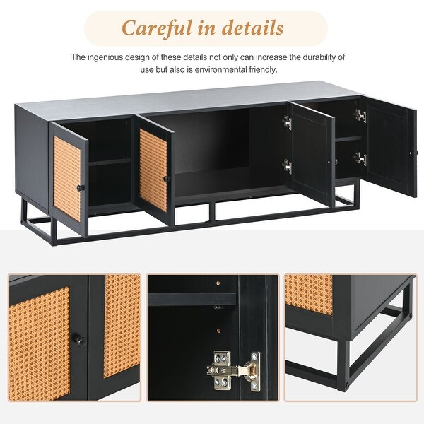 Rattan Doors and 2 Adjustable Panels Wooden TV Console Table