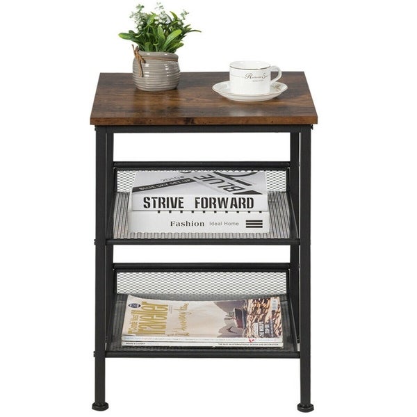 3 Tier Industrial End Table with Mesh Shelves and Adjustable Shelves