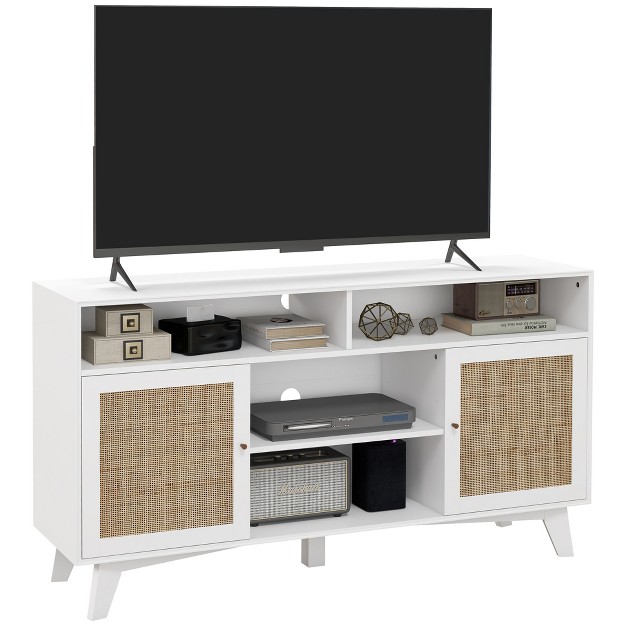 Homcom Tv Stand Cabinet For Tvs Up To 65 quot Boho Entertainment Center With Rattan Doors Adjustable Shelves And 4 Open Shelves For Living Room White