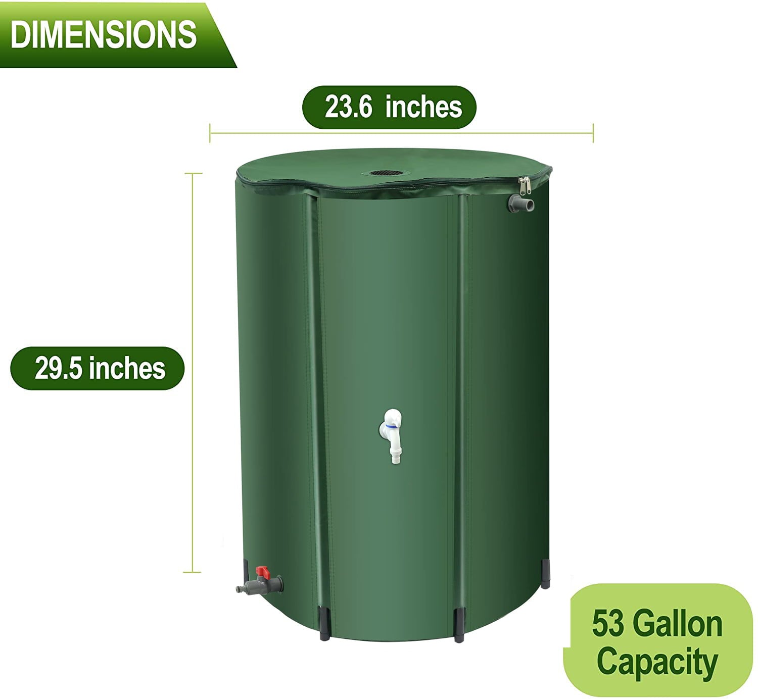 IOCOCEE 53 Gallon Collapsible Rain Barrel，Filtrable Portable Water Storage Tank，Garden Water Barrel with Drains and Taps(Green)