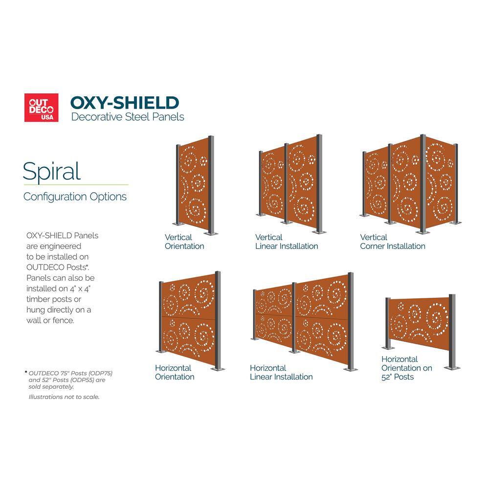 OUTDECO Spiral 3 ft. x 6 ft. Oxy-Shield Corten Steel Decorative Screen Panel in Rust with 6-Screws OXY005