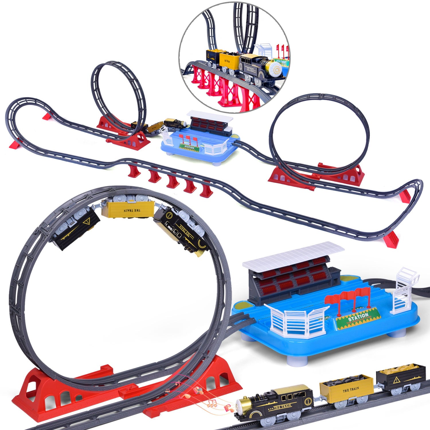 Fun Little Toys 78 Pcs Train Set Toys for Kids， Flexible Railway Tracks Roller Coaster Playset， Batteries Operated Toy Train with Light and Sound， Gift for 3 4 5 6 Years Old Toddlers Boys and Girls