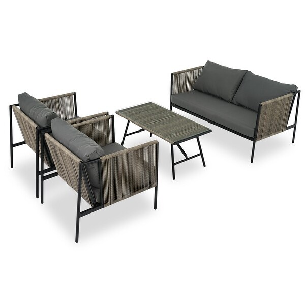 4Piece Outdoor Wicker Rope Sofa Conversation Set with Cushions，Toughened Glass Table