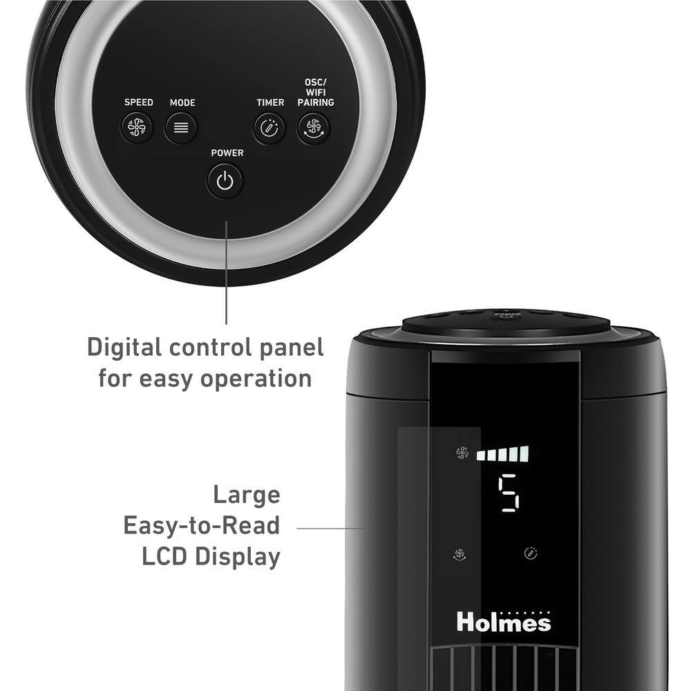 Holmes SmartConnect 42 in. Oscillating 5 Speed Wi-Fi Digital Tower Fan Black with ClearRead Display and Remote Control 12078