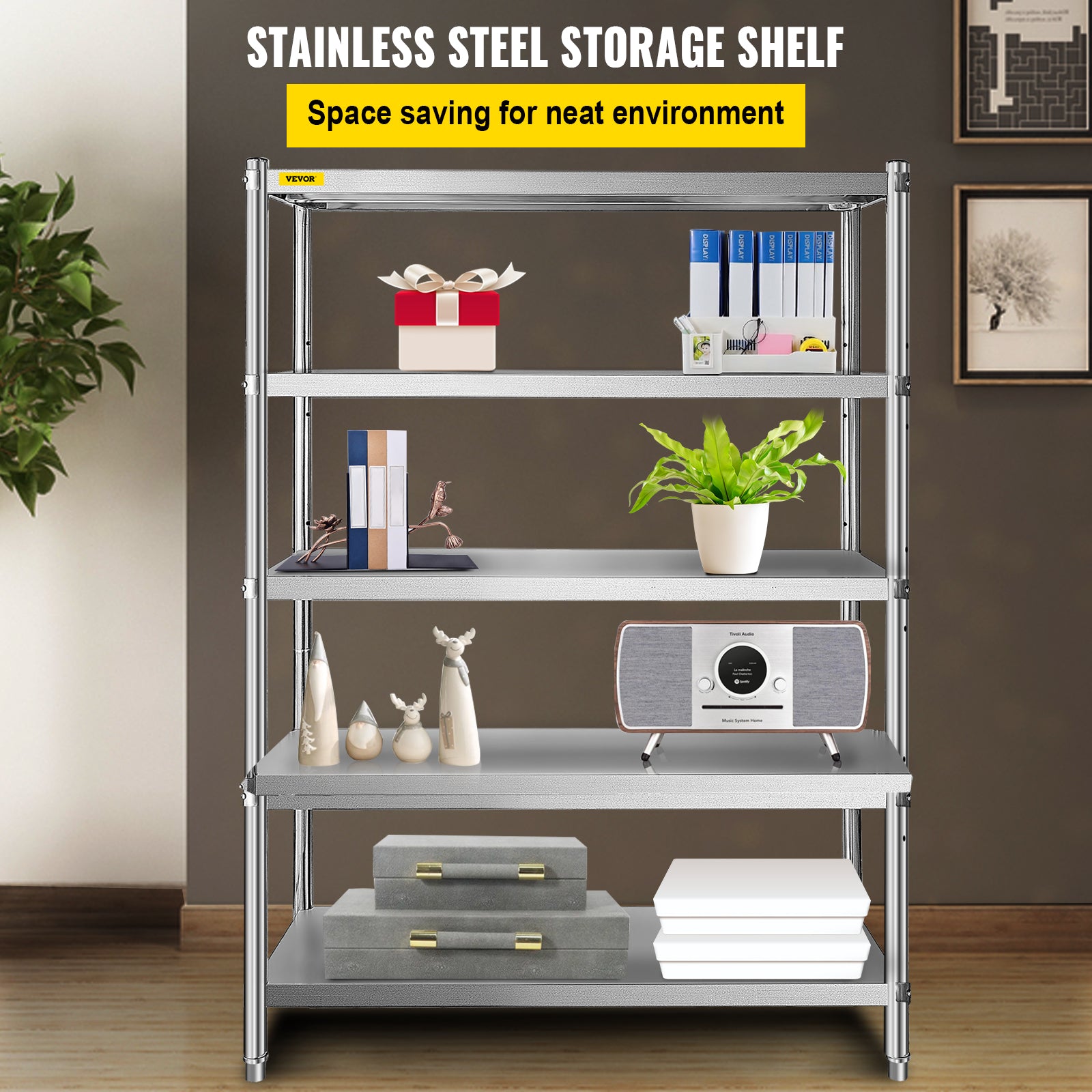 VEVORbrand Stainless Steel Shelving 48x18.5 inch 5 Tier Adjustable Shelf Storage Unit Heavy Duty Shelving for Kitchen Commercial Office Garage Storage 330lb Per Shelf