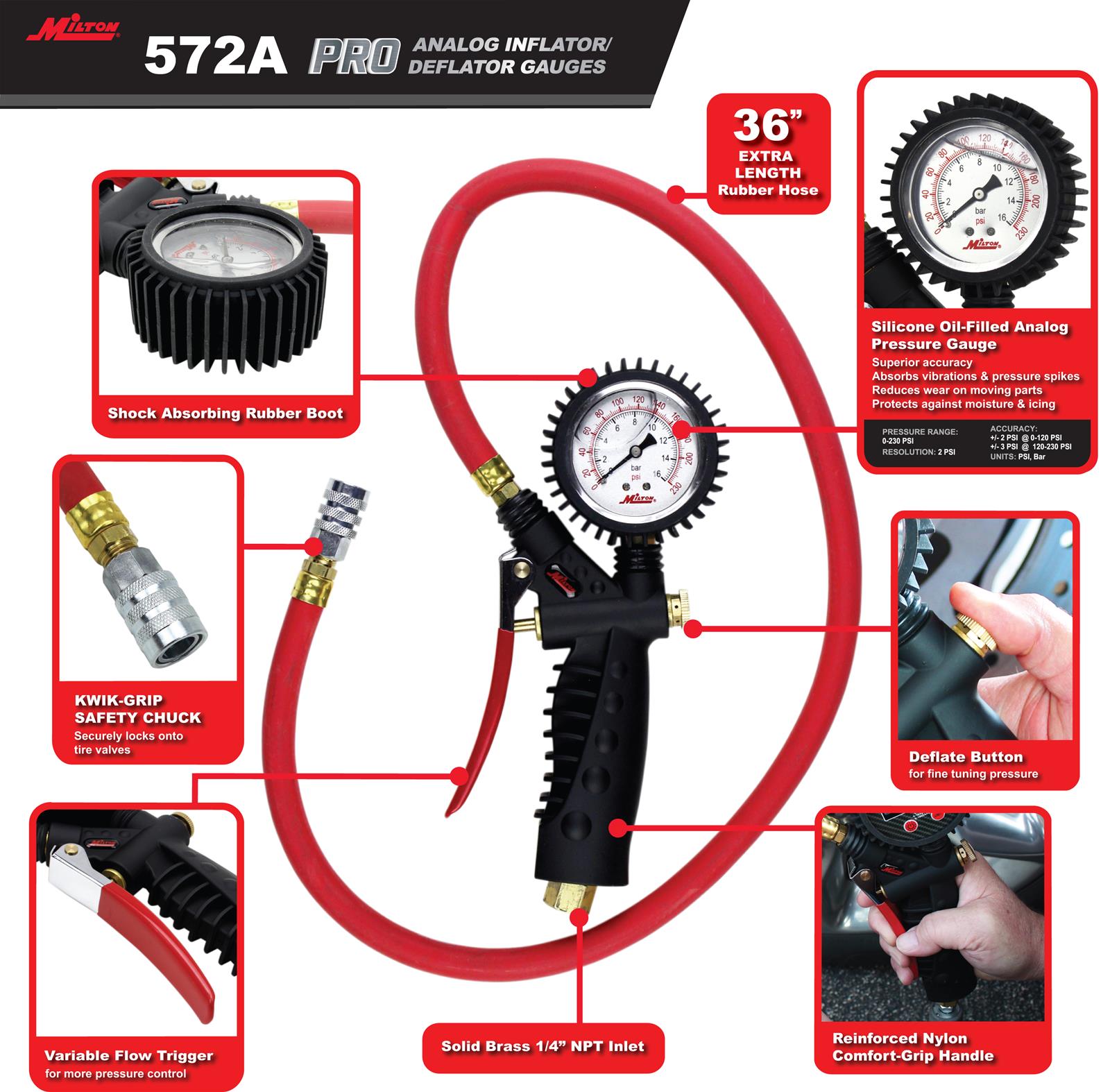 Milton Industries 572A Milton Pro Pistol Grip Analog Tire Pressure Gauges