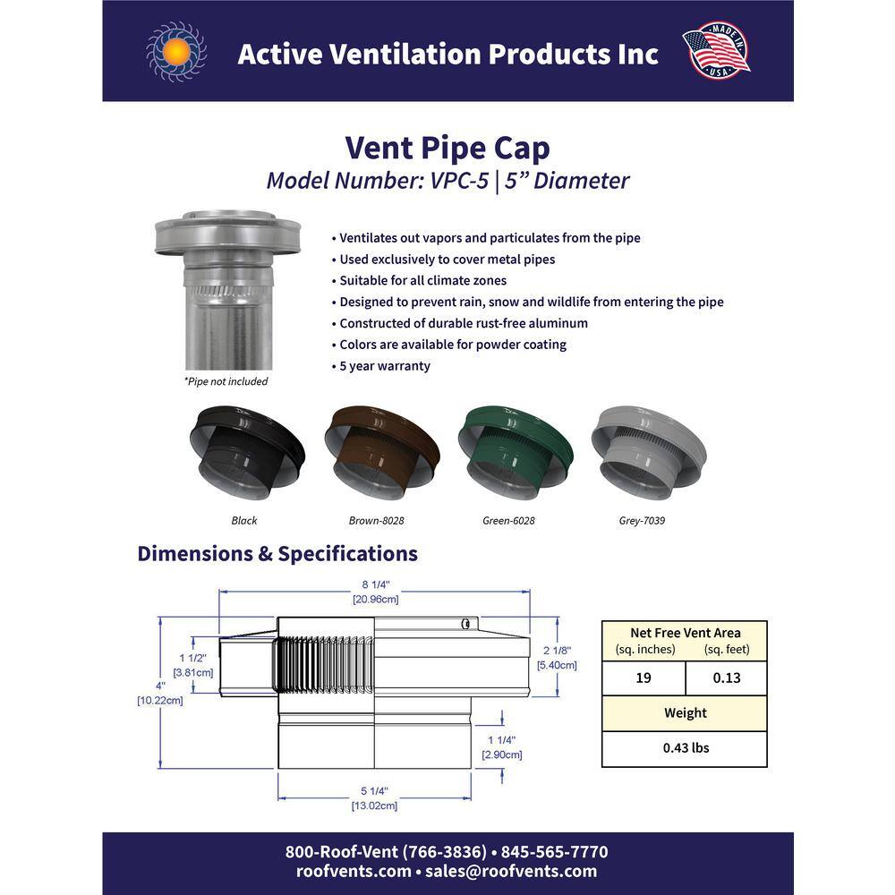 Active Ventilation 5 in. Dia Aluminum Vent Pipe Cap in Mill Finish VPC-5