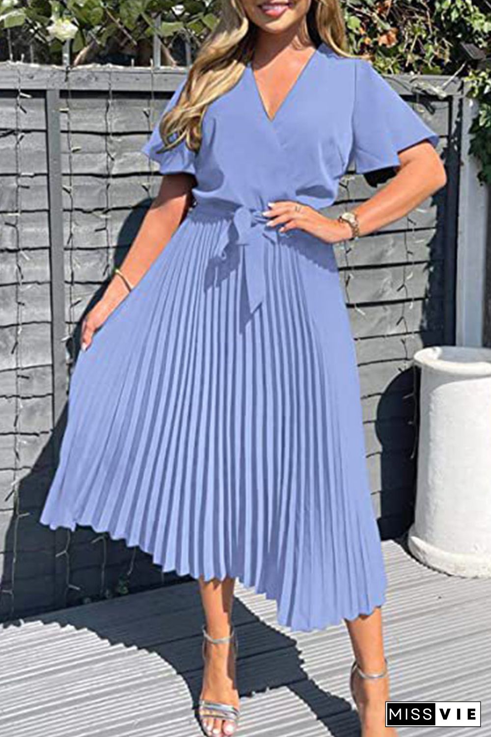 Plain V Neck Flare Sleeves Pleated Midi Dress