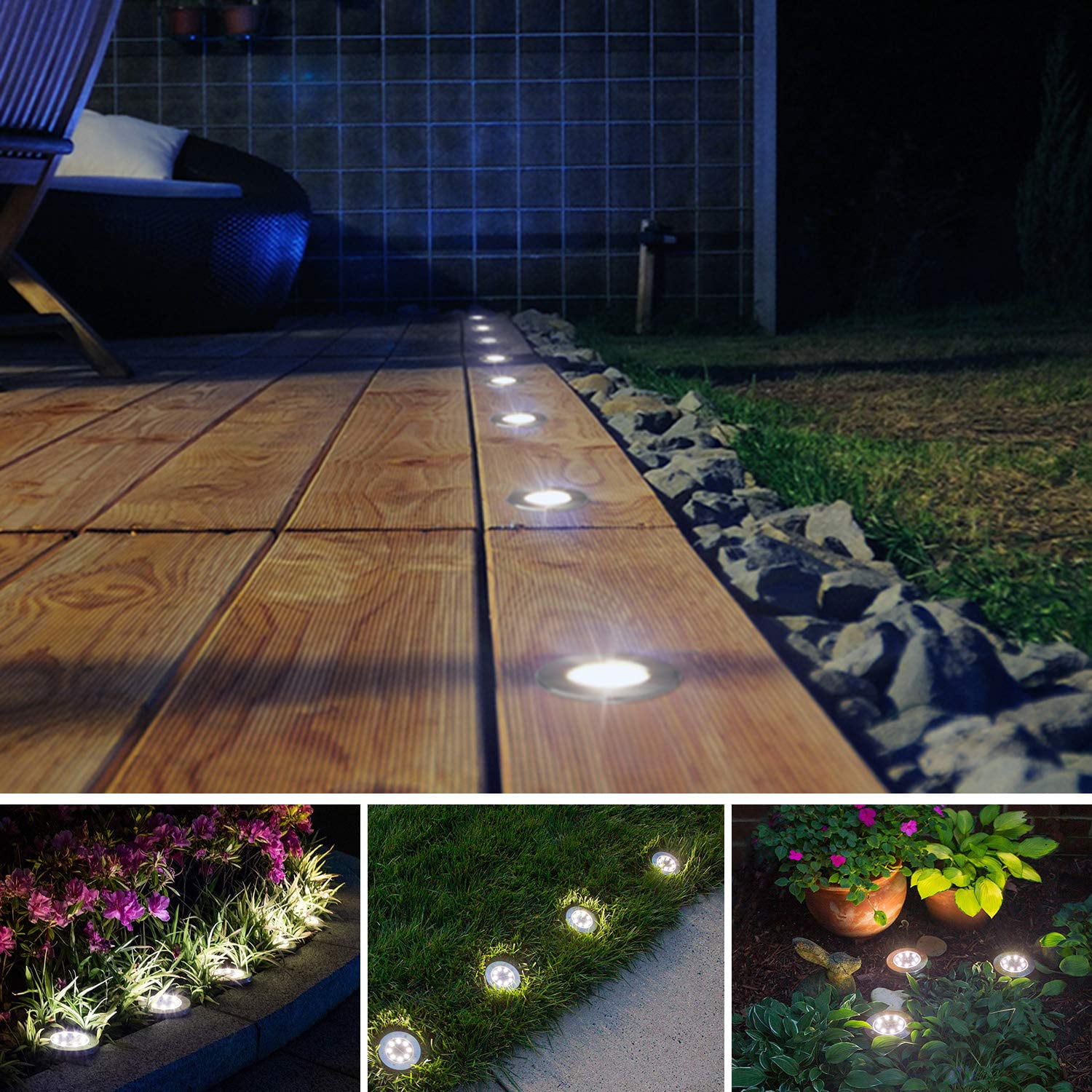 SOWAZ Solar Ground Lights,8 Leds Solar Disk Lights Powered, Waterproof Garden Pathway Outdoor in-Ground Lights for Yard, Deck, Lawn, Patio and Walkway (4 Pack) (White)