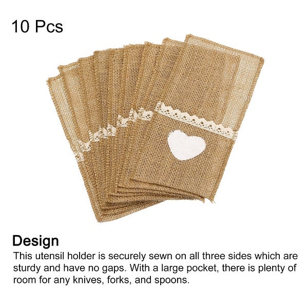 10Pcs Burlap Lace Utensil Holders Knife Fork Bag Cutlery Pouch for Wedding Party - Light Brown