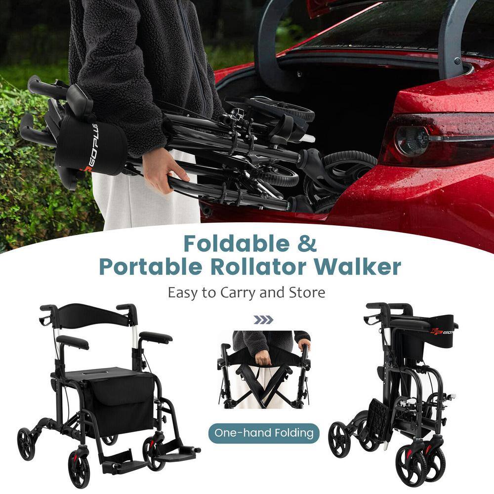 Costway 4-Wheel Folding Rollator Walker with Seat and 8 in. Wheels Supports up to 300 lbs. in Black JH10001BK