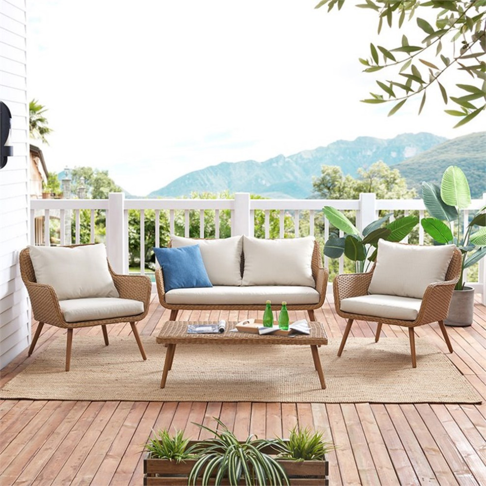 Afuera Living 4 Piece Patio Sofa Set in Light Brown and Oatmeal   Tropical   Outdoor Lounge Sets   by Homesquare  Houzz