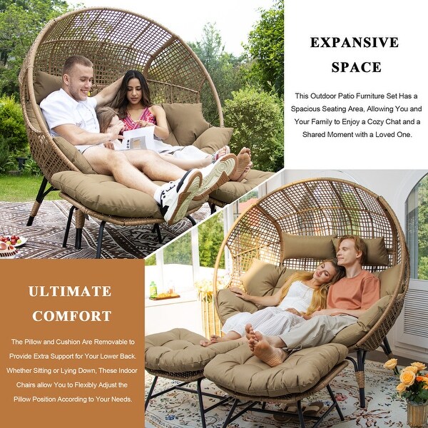 Nicesoul Double Egg Chair 680 lbs Outdoor Patio Wicker Egg Chairs with Ottoman