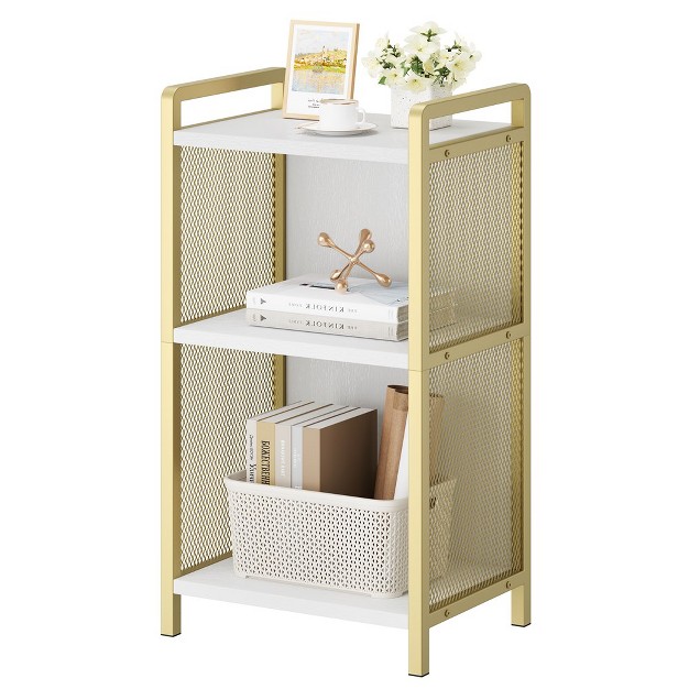 Trinity Gold Side Table With Storage 3 tier Tall End Table With Golden Metal Frame And White Storage Shelves For Living Room Bedroom And Couch