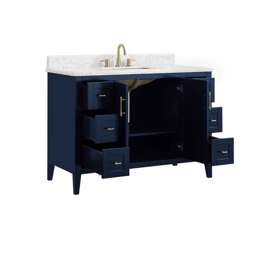 Home Decorators Collection Sturgess 49 in W x 22 in D Bath Vanity in Navy Blue with Marble Vanity Top in Carrara White with White Basin