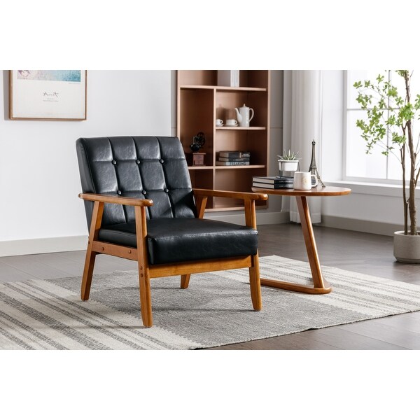 Mid-Century PU Leather Button Lounge Chairs， Modern Solid Wood Armrest Accent Chair， for Living Room Bedroom Studio